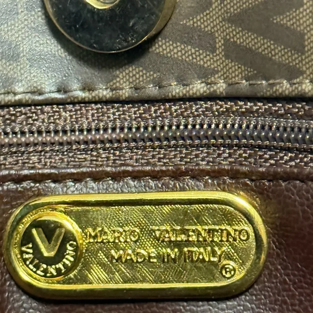 NWOT Mario Valentino Brown Logo Coated Canvas Tote Bag with Shoulder Strap.